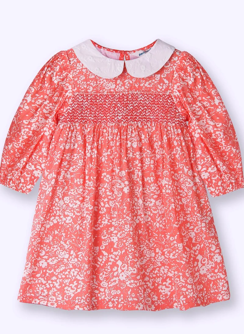 Nautinati  Girls' 100% Cotton All-over Floral Print Smocked Dress with Peter Pan Collar for Women | Best Price UAE